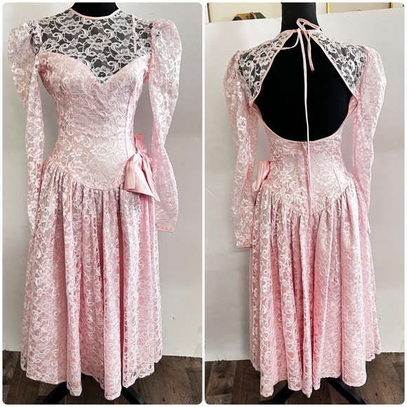 Vtg Alfred Angelo Party Dress Lace Pink Big Bow Puff Sleeve Back Open Womens S/M - Picture 1 of 15